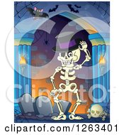 Skeleton Wearing A Top Hat By Tombstones In A Haunted Hallway With Bats