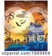 Poster, Art Print Of Haunted House With A Cemetery And Bats Against A Full Moon