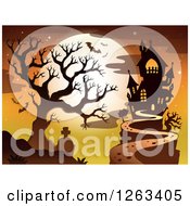 Poster, Art Print Of Haunted House With A Cemetery Bare Tree And Bats Against A Full Moon