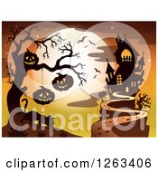 Clipart Of A Haunted House With Jackolanterns Hanging On A Tree Cat And Bats Against A Full Moon Royalty Free Vector Illustration