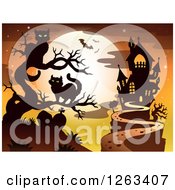 Poster, Art Print Of Haunted House With A Cemetery Cats In A Bare Tree And Bats Against A Full Moon
