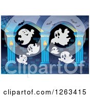 Clipart Of Spider Webs Bats And Ghosts In A Haunted Hallway Royalty Free Vector Illustration by visekart