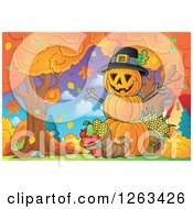 Poster, Art Print Of Stacked Jackolantern Pumpkin Man With Autumn Produce And Trees
