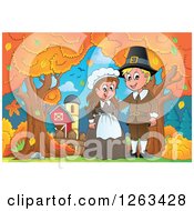 Poster, Art Print Of Happy Thanksgiving Pilgrim Couple By An Autumn Farm