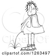 Clipart Of A Black And White Hairy Caveman Peeing And Looking Back Royalty Free Vector Illustration