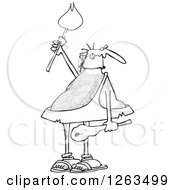 Clipart Of A Black And White Hairy Caveman Holding A Torch Royalty Free Vector Illustration