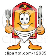 Price Tag Mascot Cartoon Character Holding A Knife And Fork