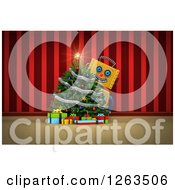 Clipart Of A 3d Yellow Robot Smiling Around A Christmas Tree Over Red Curtains Royalty Free Illustration