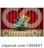 Poster, Art Print Of 3d Yellow Robot Smiling Around A Christmas Tree Over Red Curtains