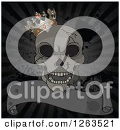 Laughing Cracked Human Skull With A Crown Over A Distressed Ribbon Banner And Rays