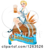 Happy Blond Beer Maiden Woman Sitting On A Keg Barrel With An Oktoberfest Banner