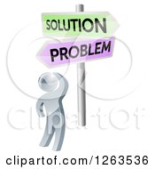 Poster, Art Print Of 3d Silver Man Looking Up At Problem And Solution Signs