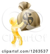 Poster, Art Print Of 3d Gold Man Holding Up A Large Dollar Money Bag