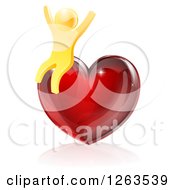 Poster, Art Print Of 3d Gold Man Sitting And Cheering On A Red Heart