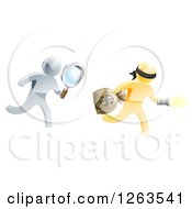 Poster, Art Print Of 3d Silver Detective Chasing A Gold Robber With A Magnifying Glass