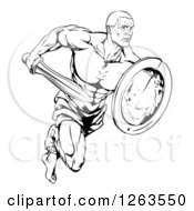 Clipart Of A Black And White Muscular Gladiator Running With A Sword Royalty Free Vector Illustration
