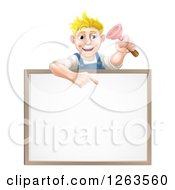 Poster, Art Print Of Blond White Male Plumber Holding A Plunger And Pointing Down At A White Board Sign