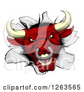 Clipart Of A Red Aggressive Bull Breaking Through A Wall Royalty Free Vector Illustration