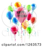 Poster, Art Print Of 3d Party Balloons And Confetti Ribbons With Happy Birthday Text