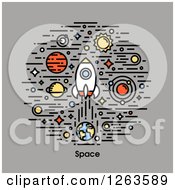 Poster, Art Print Of Rocket With Planets And Stars Over Gray And Space Text