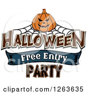 Clipart Of A Jackolantern And Web Over Halloween Free Entry Party Text Royalty Free Vector Illustration
