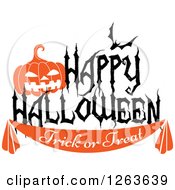 Clipart Of A Jackolantern Bat And Happy Halloween Trick Or Treat Text Royalty Free Vector Illustration