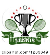 Poster, Art Print Of Tennis Ball And Stars Over A Trophy Cup With Crossed Rackets Over A Green Text Ribbon Banner