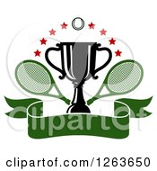 Poster, Art Print Of Tennis Ball And Stars Over A Trophy Cup With Crossed Rackets Over A Blank Green Ribbon Banner