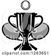 Clipart Of A Black And White Tennis Ball Over A Trophy Cup With Crossed Rackets Royalty Free Vector Illustration