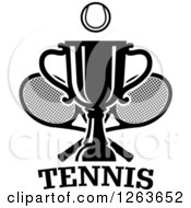 Poster, Art Print Of Black And White Tennis Ball Over A Trophy Cup With Crossed Rackets Over Text