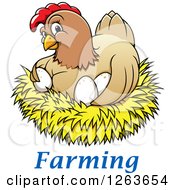 Poster, Art Print Of Happy Hen Hugging Chicken Eggs In A Nest Over Farming Text