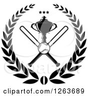 Poster, Art Print Of Black And White Trophy Cup With Crossed Bats A Baseball And Stars In A Laurel Wreath