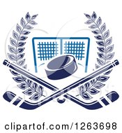 Clipart Of A Blue Hockey Puck And Crossed Sticks Over A Goal Net In A Laurel Wreath Royalty Free Vector Illustration