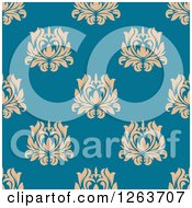 Poster, Art Print Of Seamless Pattern Background Of Vintage Tan Floral Damask On Blue