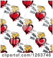 Clipart Of A Seamless Pattern Background Of Cupid Arrows Through Flaming Hearts Royalty Free Vector Illustration
