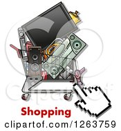 Hand Cursor Over A Cart Full Of Electronics And Shopping Text