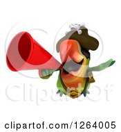 Clipart Of A 3d Green Parrot Pirate Flying And Announcing With A Megaphone Royalty Free Vector Illustration