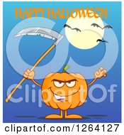 Clipart Of A Pumpkin Character Holding A Scythe Under Happy Halloween Text Royalty Free Vector Illustration
