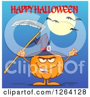 Poster, Art Print Of Pumpkin Character Wearing A Witch Hat And Holding A Scythe Under Happy Halloween Text