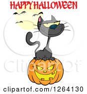 Clipart Of A Black Cat Sitting On A Jackolantern Pumpkin Under Happy Halloween Text Royalty Free Vector Illustration