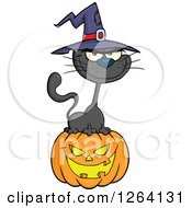 Clipart Of A Black Witch Cat Sitting On A Halloween Jackolantern Pumpkin Royalty Free Vector Illustration