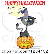 Clipart Of A Black Witch Cat Sitting On A Jackolantern Pumpkin Under Happy Halloween Text Royalty Free Vector Illustration