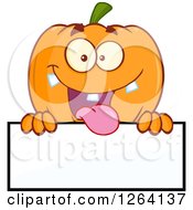 Clipart Of A Happy Pumpkin Character Over A Blank Sign Royalty Free Vector Illustration