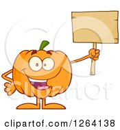 Clipart Of A Happy Pumpkin Character Holding Up A Blank Wood Sign Royalty Free Vector Illustration