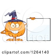 Poster, Art Print Of Happy Pumpkin Character Wearing A Witch Hat And Pointing To A Blank Sign