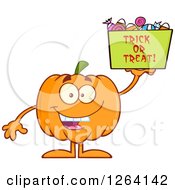Poster, Art Print Of Happy Pumpkin Character Holding Up Trick Or Treat Halloween Candy