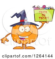 Poster, Art Print Of Happy Witch Pumpkin Character Holding Up A Trick Or Treat Halloween Candy Basket
