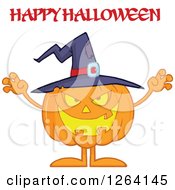 Clipart Of A Jackolantern Witch Pumpkin Scaring Under Happy Halloween Text Royalty Free Vector Illustration