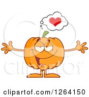 Clipart Of A Happy Pumpkin Character With Open Arms And A Heart Royalty Free Vector Illustration