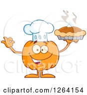 Happy Pumpkin Chef Character Holding Up A Pie